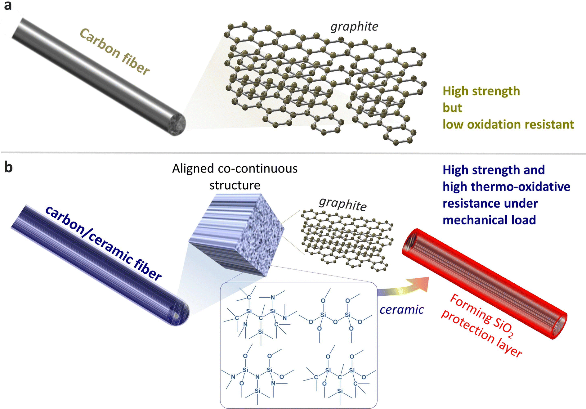 Synergistic enhancement of thermomechanical properties and oxidation resistance in aligned Co-continuous carbon–ceramic hybrid fibers